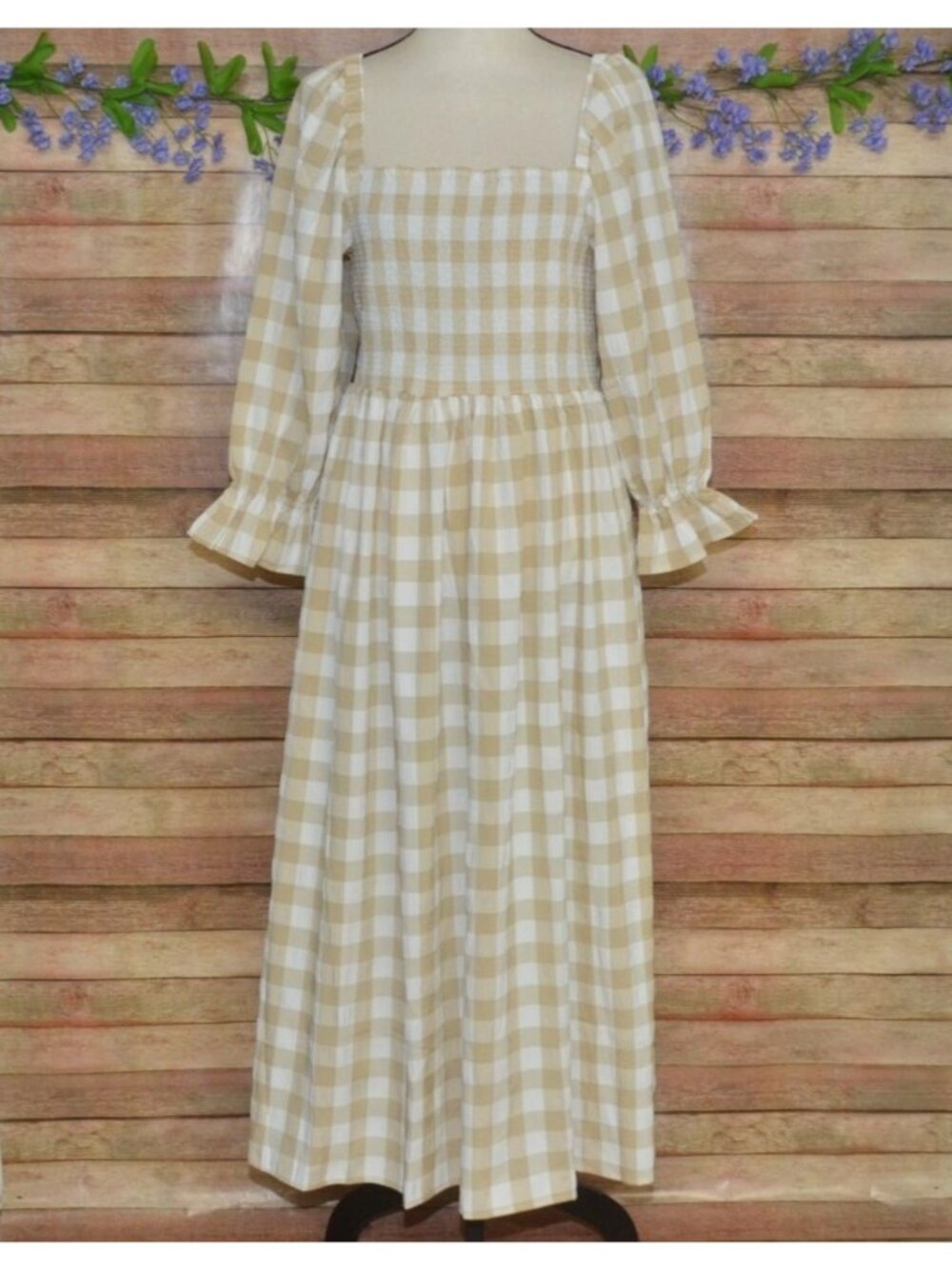 NWT Mud Pie Large Byerly Midi Dress Tan Gingham Plaid Smocked Cottagecore Ruffle